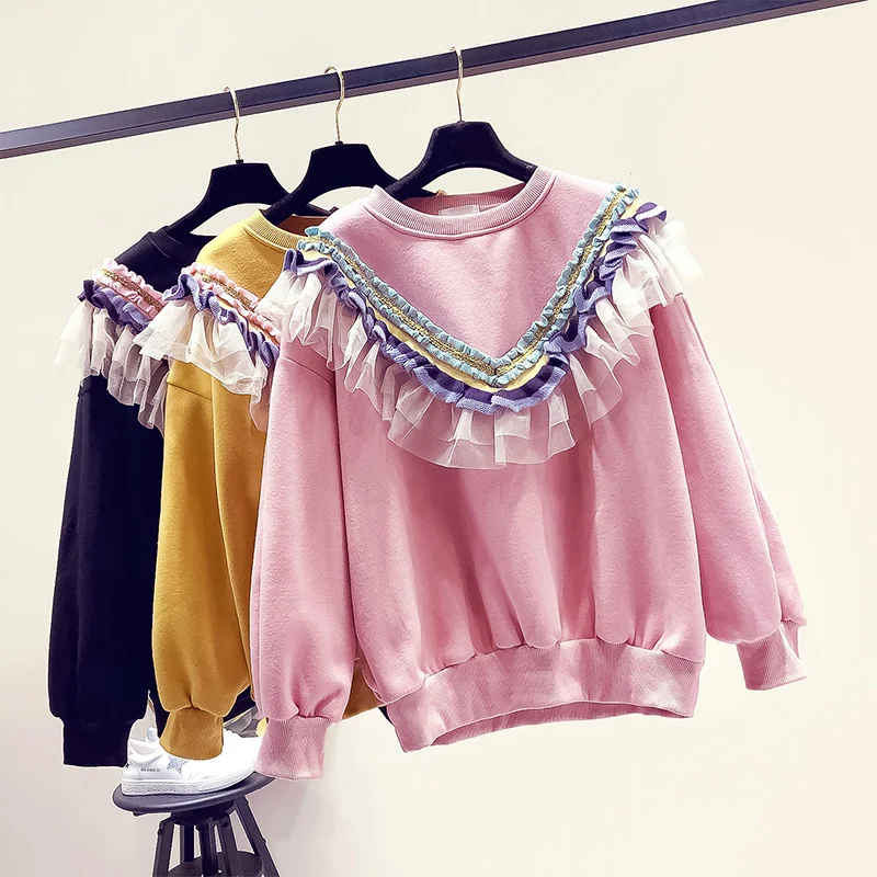 Quality Women Sweatshirt Pullovers Lady Autumn Winter Warm Long sleeve Ruffles Tops | Женская одежда