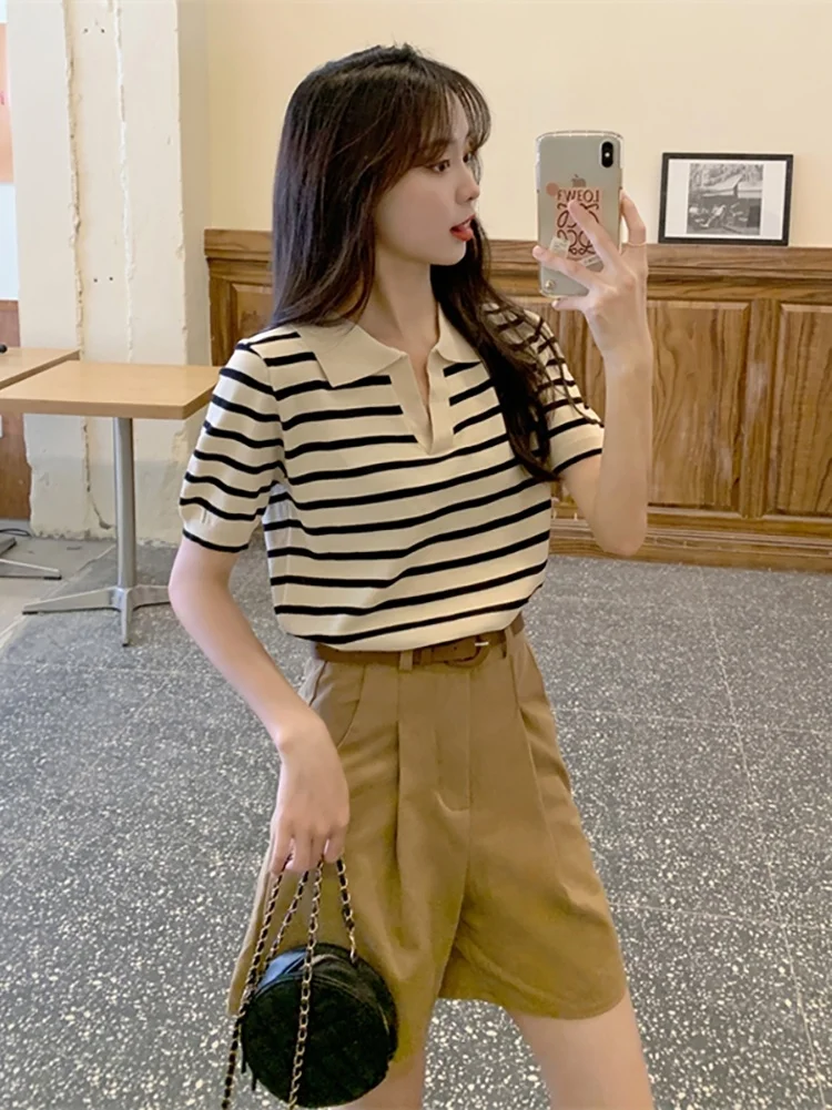 

Blazer Feminino Summer Shorts Suit Women's T-shirt Two Piece Set 2021 New Polo Collar Stripe Ice Knitted Short Sleeve Top Skirt
