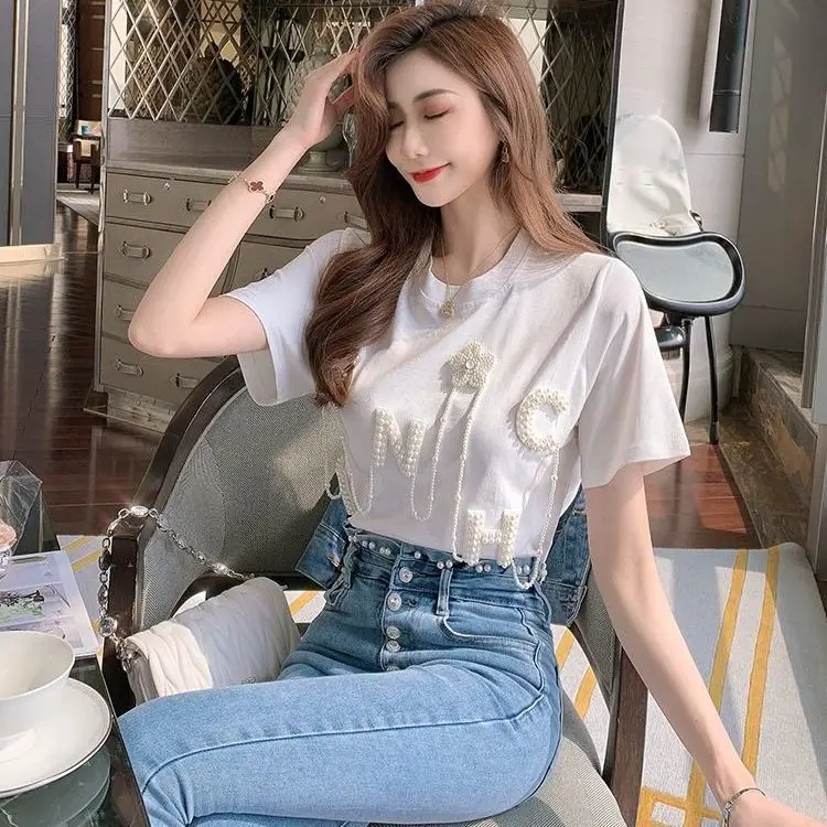 

2021 women's new summer wear Beaded short sleeve T-shirt blouse