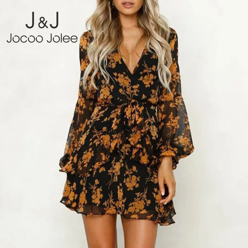 Женское шифоновое платье Jocoo Jolee повседневное пляжное мини с длинным рукавом v