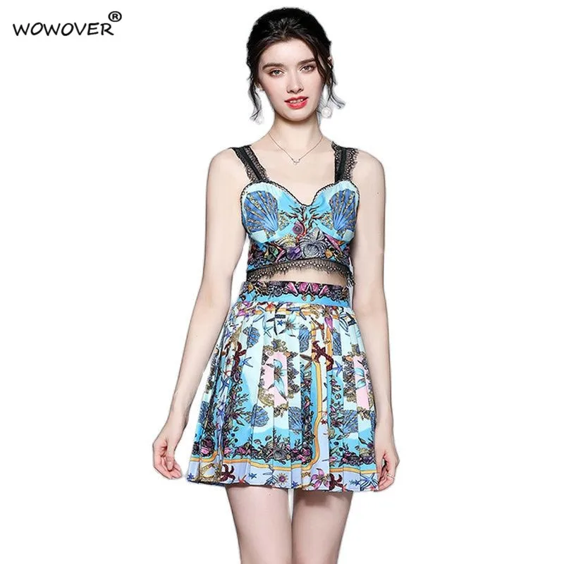 

Fashion Summer Holiday Beach Dress 2 Piece Set Women Vintage Print Strapless Tank Crop Top with Pleated Skirt Suit Party Outfit