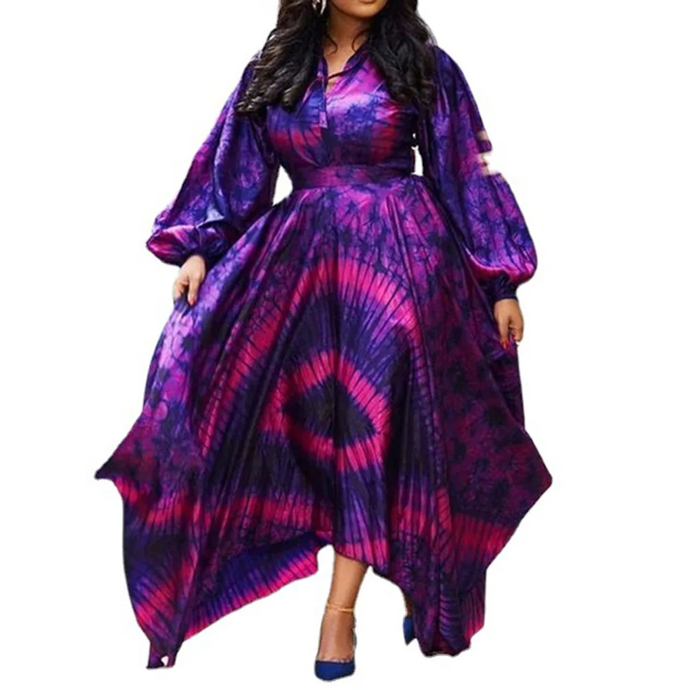 

2021 Spring Autumn 5XL Plus Size Dress Floor Length High Waist Women Long Dresses Casual Pleated Tie Dye Printed Large Sizes 4XL