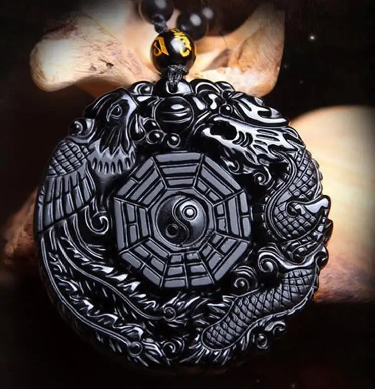 

Volcanic Obsidian Phoenix & Dragon Yin Yang Pendant Necklace-GOOD Stock