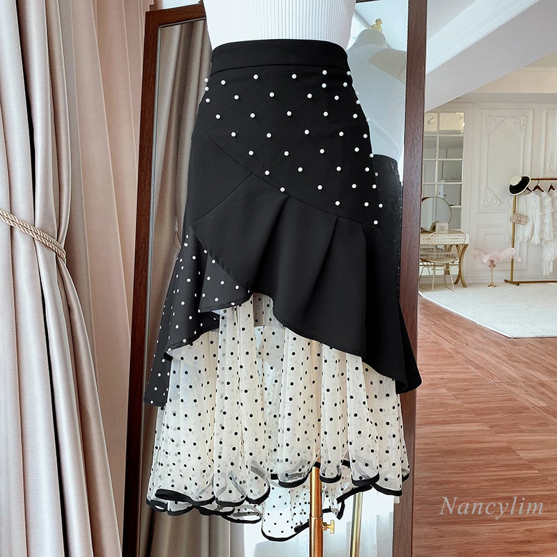 

Dots Mesh Irregular Skirt Women's Beads High Waist A- Line Midi Skirts Elegant Lady All-Match Jupe Femme Summer 2021 Nancylim