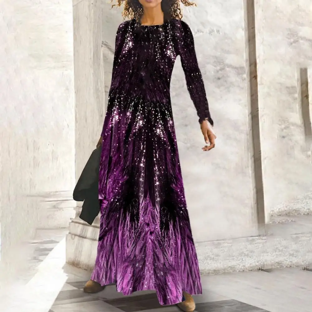 

Женское длинное платье в пол, длинное платье в стиле ретро с блестками и круглым вырезом, платье макси с большим подолом