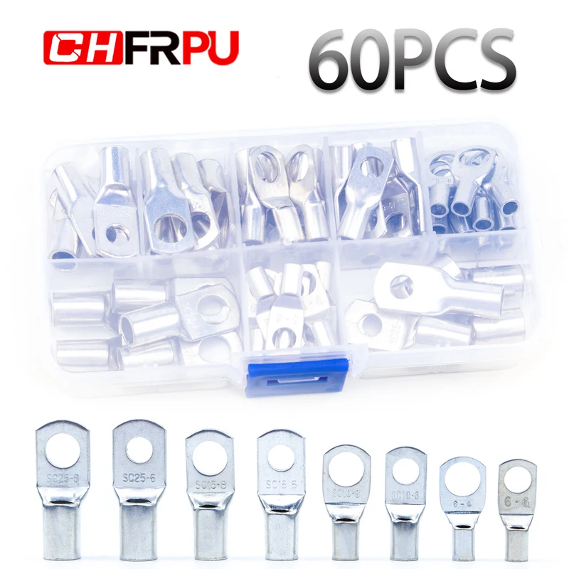 

60PCS / 1 box AWG4-10 copper cable wiring head tinned copper wiring ring ring crimping terminal welding cable connector