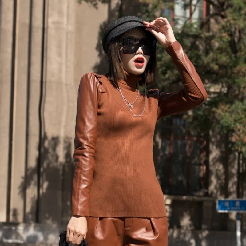 

Women Knitting Sweater Spliced Real Leather Long Sleeve Slim Harajuku Turtleneck Pullovers Female Skinny Ladies High Neck Tops