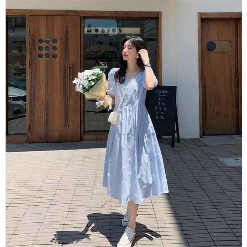 

Blue language big size women's fat sister French age reducing bubble sleeve dress summer new meat covering fairy skirt