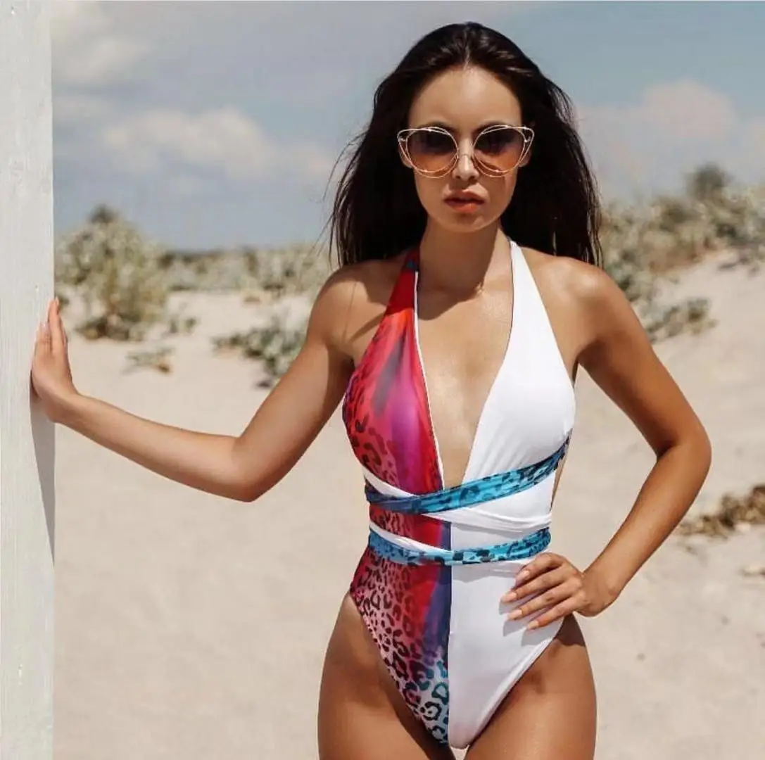 

New European and American Sexy Leopard Splicing One-Piece Swimsuit Female Factory Direct Sales