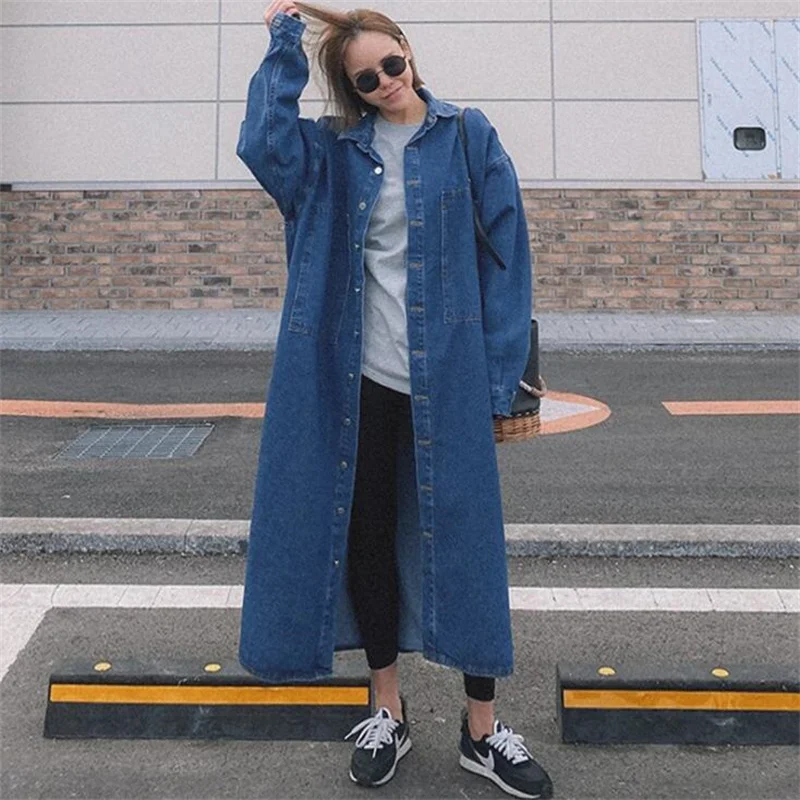 Denim windbreaker women's trench coats spring autumn new blue over-the-knee korean style coat large size loose student jackets