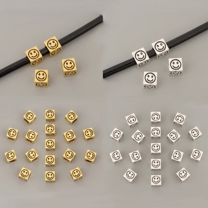 

30pcs/Lot Tibetan Silver/Gold Color Smile Face Square Spacer Beads Charms 4 Sided for DIY Bracelet Jewelry Making Accessories