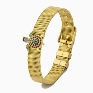AIBEF Popular Copper Accessories Turtle Rhinestone Adjustable Stainless Steel Bracelet Watch Belt Buckle Bangle Women Jewelry