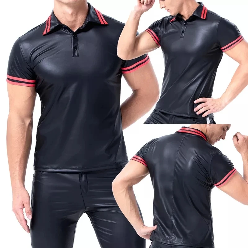 

Mens Sexy Soft Sheath Leather Short-sleeved Tops Erotic Shaping Stretch Jacket Latex Bodycon Metallic Leather T-shirts Vest Sexi