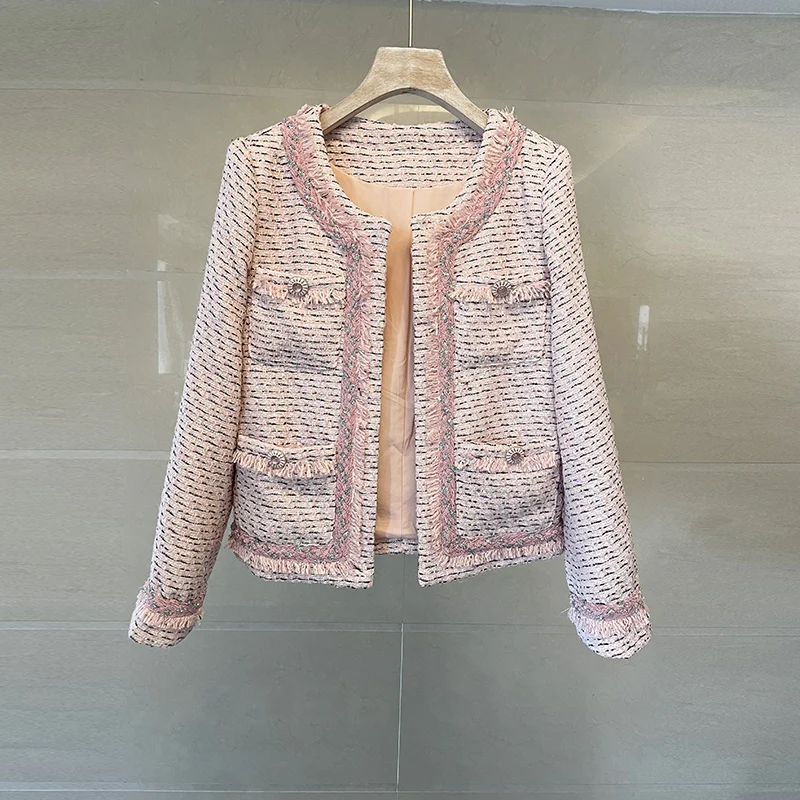 

O-Neck Pink Tweed Jackets Women Long Sleeve Vintage Luxury Woolen Coats Sequins Office Lady Pockets Winter Plaid Outwear C732