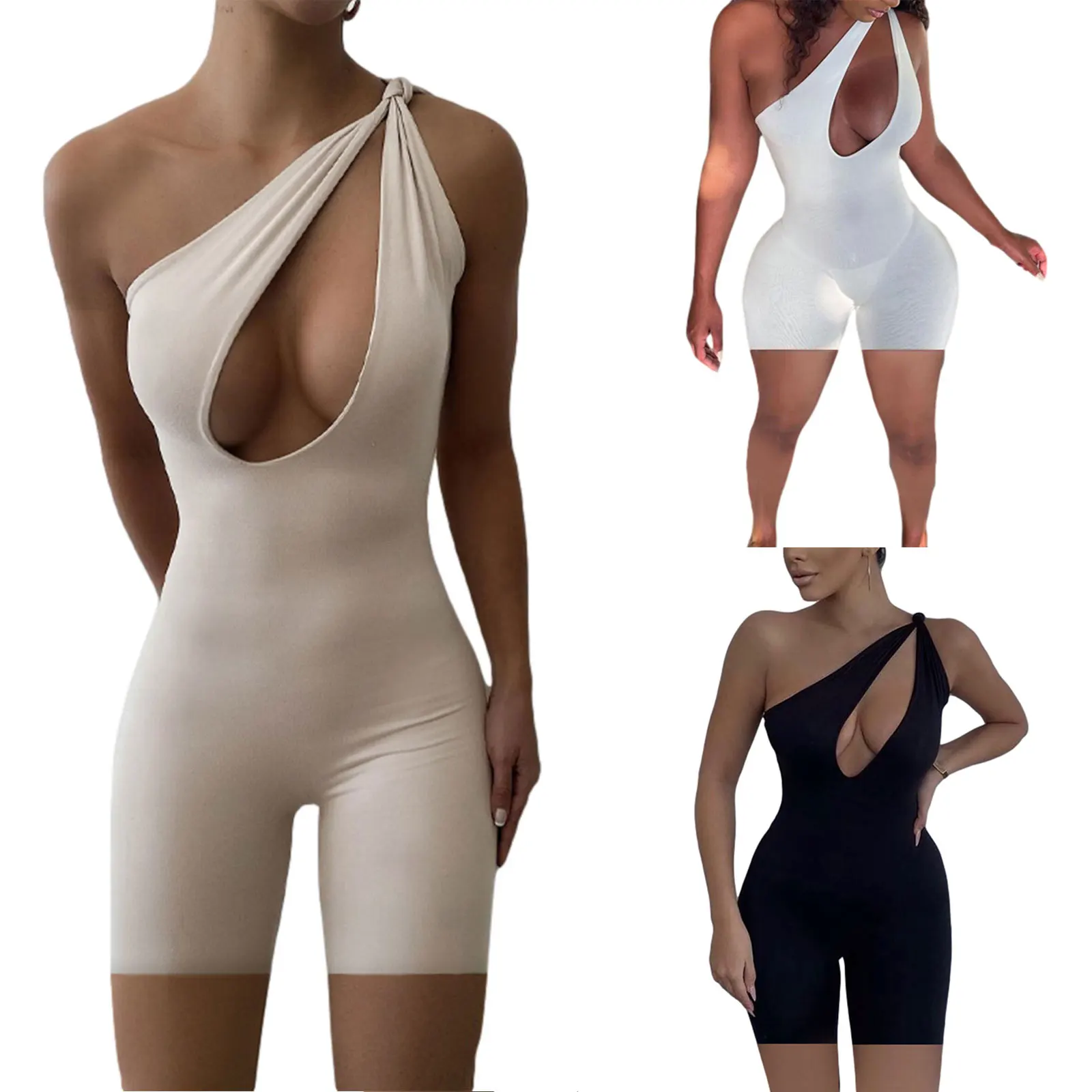 

Bodysuit Women Close-fitting Overalls,2021 Summer Fashion Slim Solid Color Sleeveless Hollow Out Playsuit,Black/ White/ Apricot