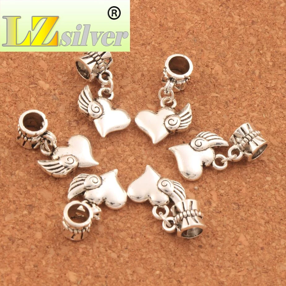 Swirl Wings Heart Charm Beads 13.7x25mm 100PCS zinc alloy Fit European Bracelets Jewelry DIY B905