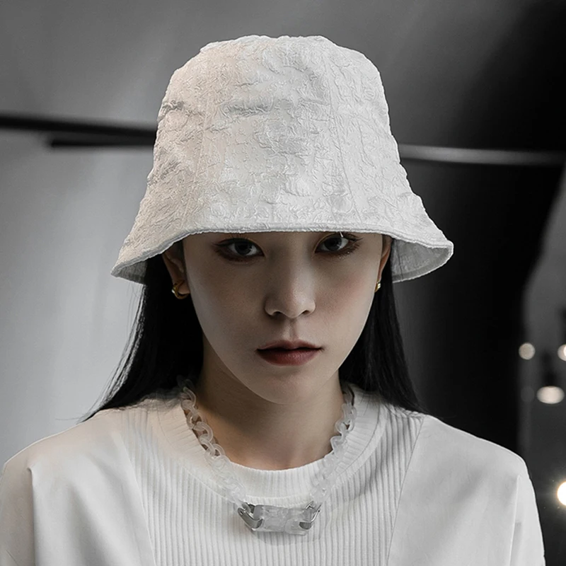 

SHENGPALAE Simple Black Thin Pleated Embossed Basin Hat Women's Spring Summer 2021 New White Bucket Hats Female Tide 5E644