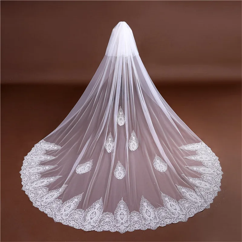 

New Women Bridal Wedding Veil Lace Appliques Comb Long Tulle Wedding Accessories Bride 2 Layers 3M 5M White Ivory Face Veil