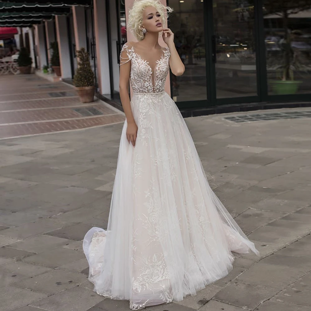 

Exquisite A-Line Wedding Dress Court Train Appliques Illusion Scoop Off the Shoulder Lace Cap Sleeve Bridal Gowns Robe De Mariée