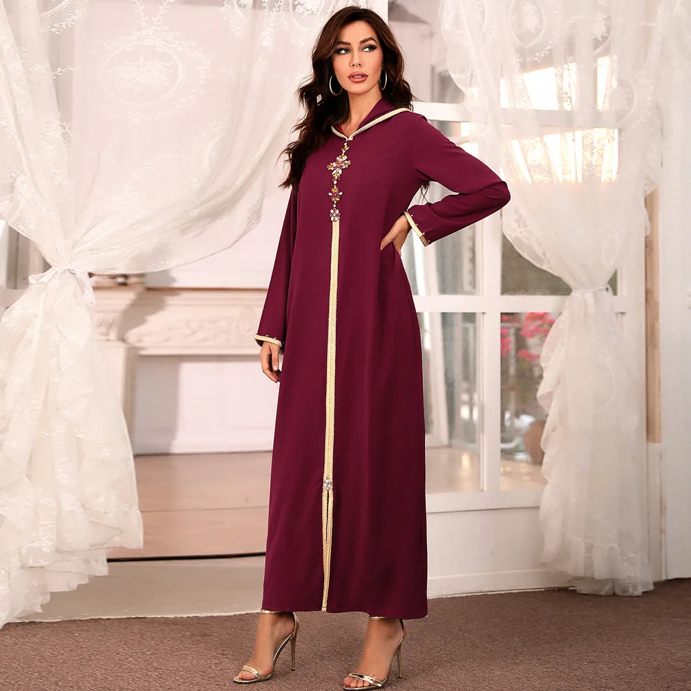 

Ramadan Luxury Diamond Beaded Ethnic Kaftan Dress Dubai Turkey Arabic Muslim Avocado Red Hooded Abaya Islamic Women Clothing