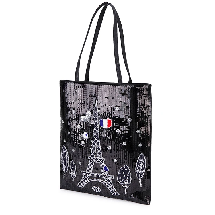 Дизайнерская черная сумка-тоут из искусственной кожи с пайетками Парижская
