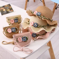 2021 new child summer straw hat korean sunshade flower panama hat 2 6years female girls sun hats matching bag outdoor beach caps
