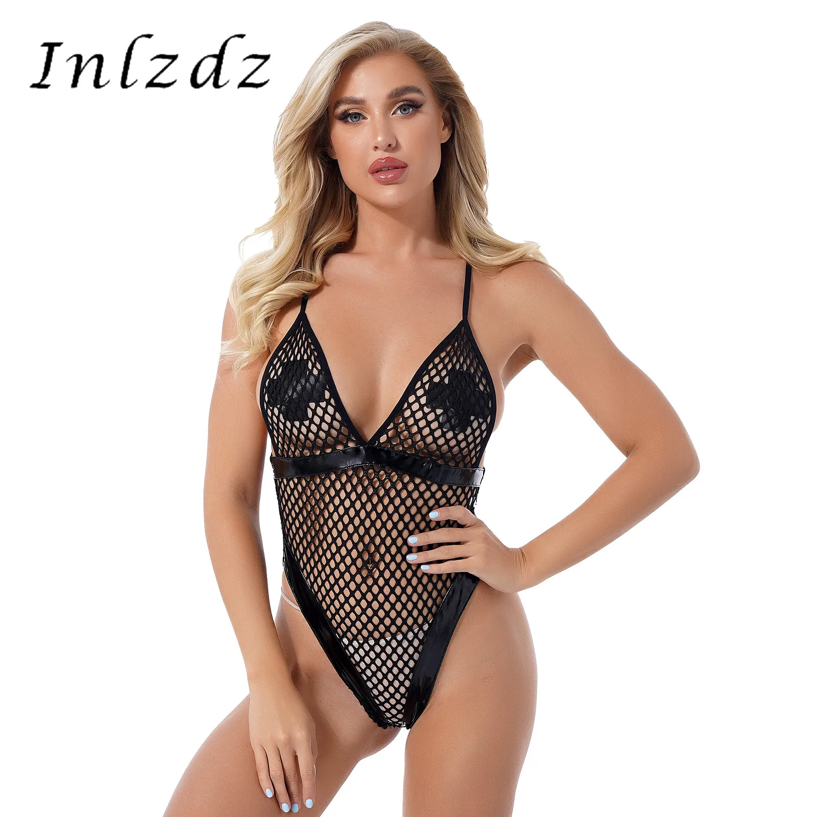 

Womens See-through Hollow Out Fishnet Bodysuit Lingerie Sexy Clothing Patent Leather Patchwork High Cut Spaghetti Strap Leotard