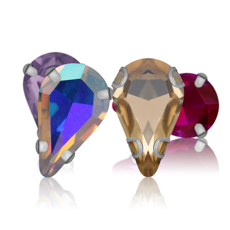 Наконечник падение Форма стеклянные стразы с серебряной коготь пришить