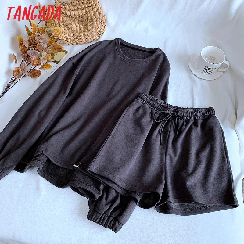 

Tangada 2021 Women Tracksuit Sets Khaki Oversized Crop Sweatship Shorts 2 Pieces Hood Hoodies Sets XLJ7