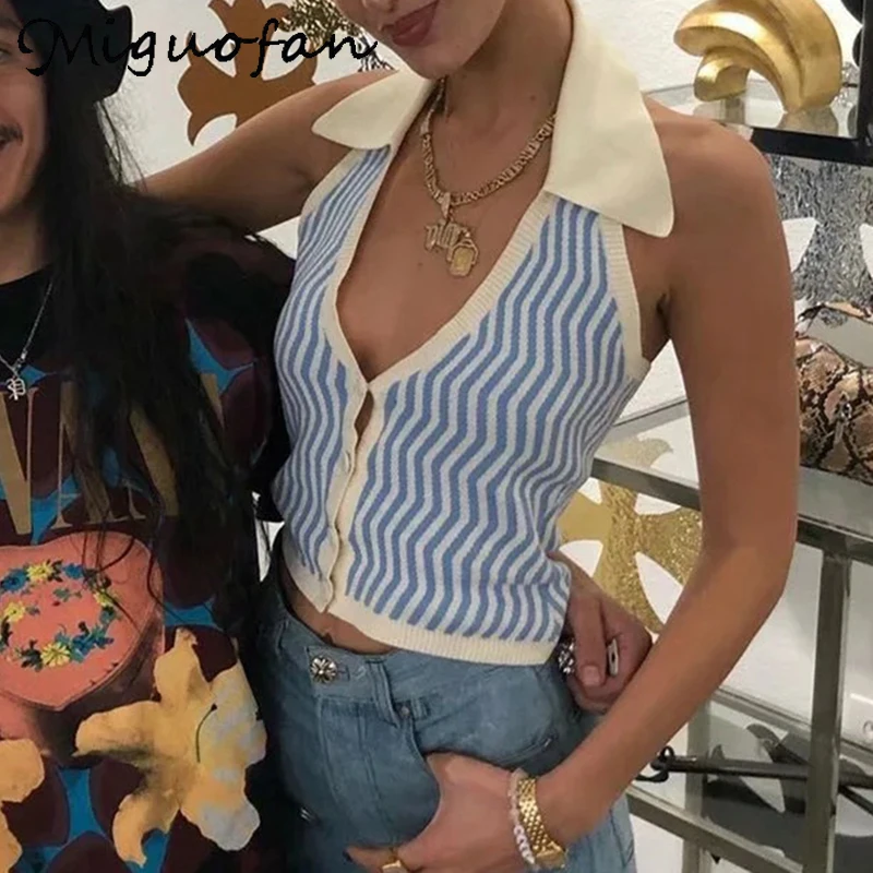 

Miguofan Casual Striped Knitted Tops Women Polo Shirt Backless Blue Elegant Ladies Sexy Summer Party Y2K T-shirt Top Female 2021