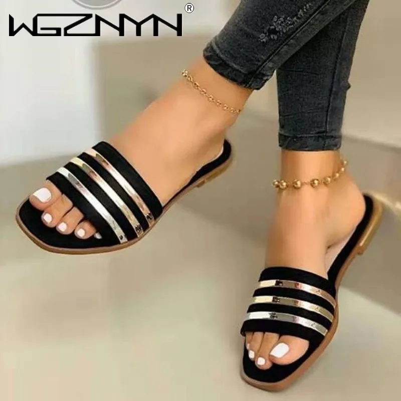

Hot sales Ladies Slippers Beach Shoes Women Slip On Bling Gold Flat Slides Outdoor Shoes Female Plus Size 35-43 Casual Sandals