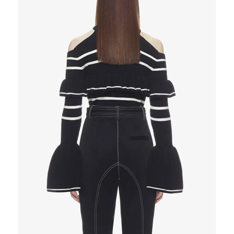 

New little turtle neck falbala off the shoulder fold sleeve sweater female striped sweater horn