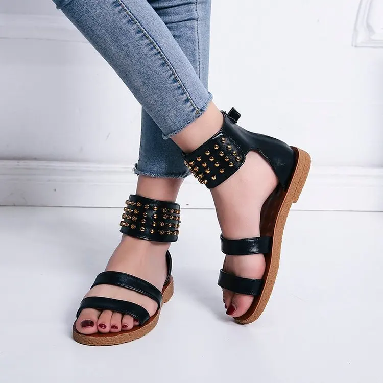 

Women Sandals Size 42 Leopard Print Flat-bottomed Rivet Open Toed Sandals Leather Flats Sandals Female Flip Flops Beach Shoes