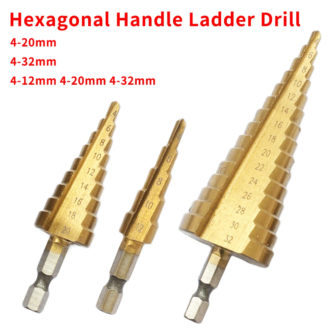 

Metal Drill 4-12/20/32mm Step Drill Bit Straight Flute HSS Steel Cone Titanium Coated Mini Drill Bit Tool Set Hole Cutter