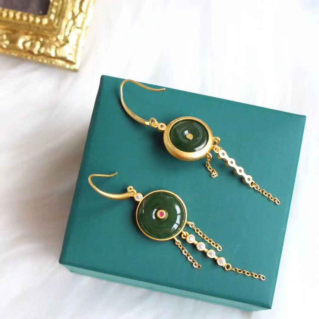 

Independent design silver inlaid diamond ring fashion jewelry ancient gold inlaid Hetian jasper tassels ladies jewelry