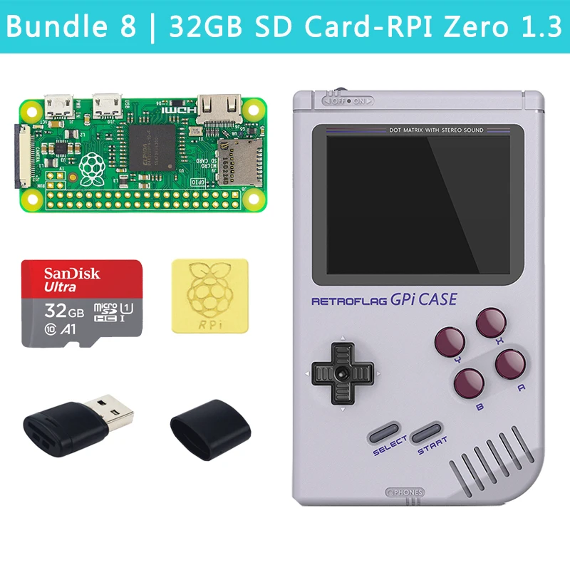 Bundle8 Retroflag GPi чехол Игровой Набор для Raspberry Pi Zero W 1,3 опционально 32 Гб 64 Гб sd-карта медные радиаторы для RPI Zero - Цвет: Bundle8