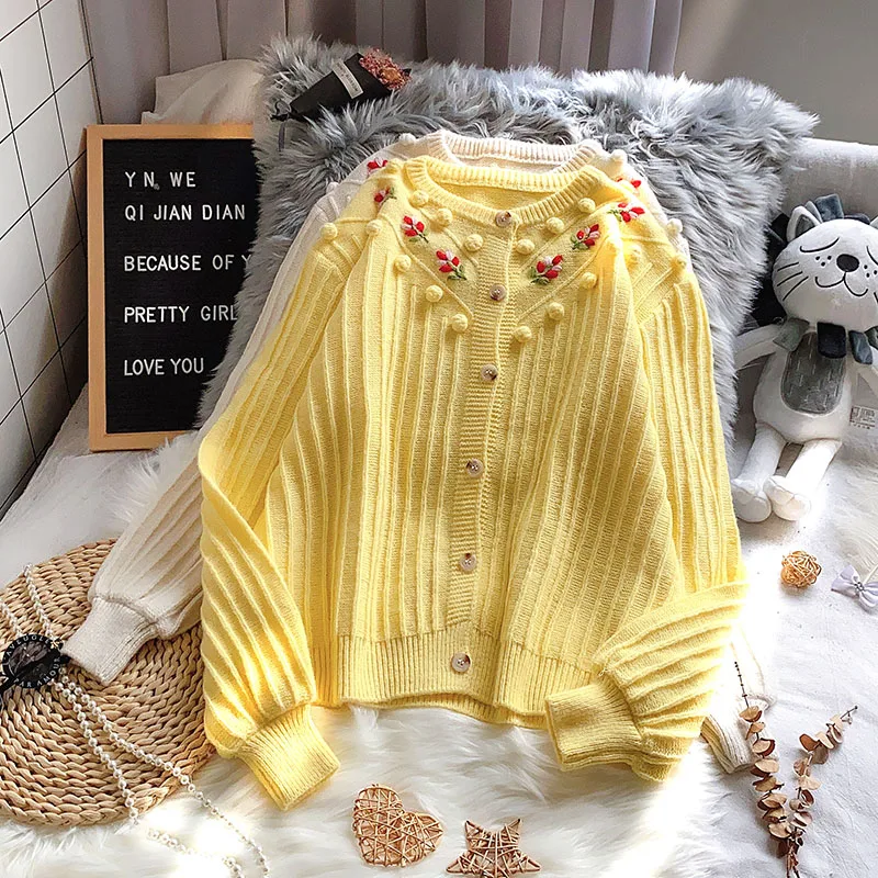 

Свитер с цветочной вышивкой, корейский Кардиган с длинным рукавом и v-образным вырезом, однобортный, осень 2020