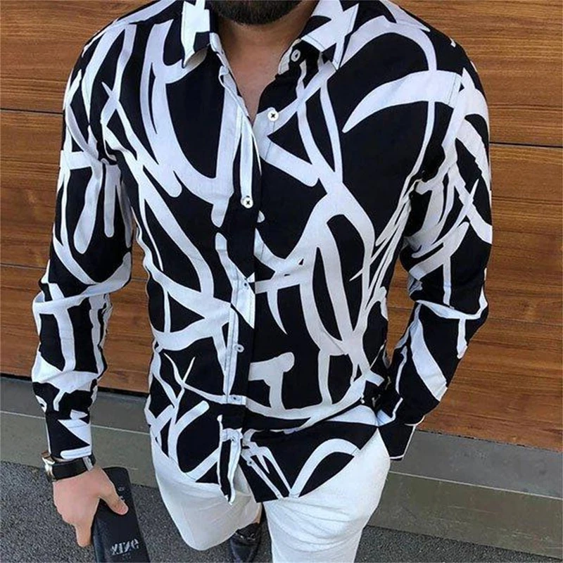 Man Vintage Printed Social Black Shirts Autumn Luxury Men's Social Slim Fit Long Sleeve Dress Shirt Fashion Casual Chemise Homme