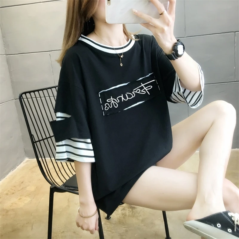 

Striped Stitching Fake Two Pieces Short Sleeve T-shirt Women's Summer New Korean Style Large Size Loose Fat Mm200 Jin Half