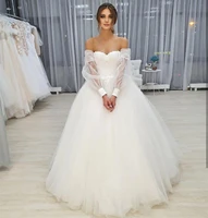 off shoulder wedding dress puff sleeve long boat neck a line lace appliques white princess 2021 low back bridal gowns organza