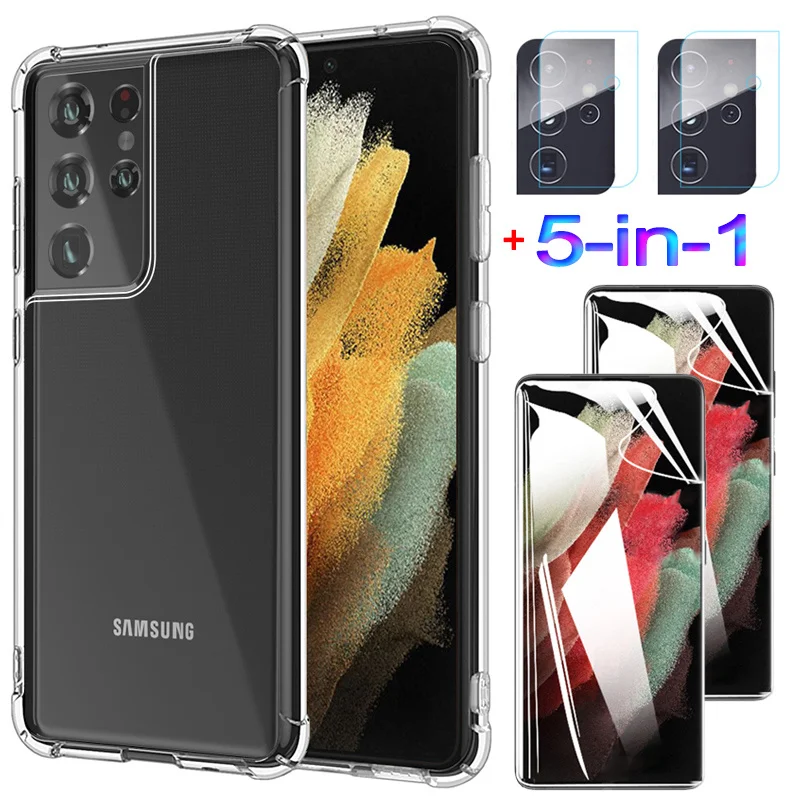 5 в 1 гидрогелевая пленка + чехлы для телефона samsung s21 ultra силиконовый чехол s20 plus galaxy