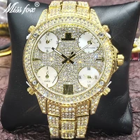 missfox 51mm big dial men watches cuban luxury 18k gold multiple time zone watch luxury waterproof full diamond jewelry clocks