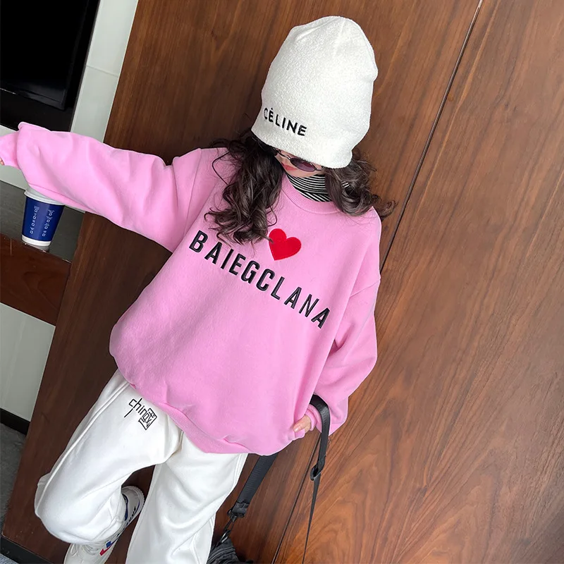 

Girls' Little Love Plus Fleece Sweater 2021 Fall/Winter Loose Pullover Long Sleeve Pink Jacket Top