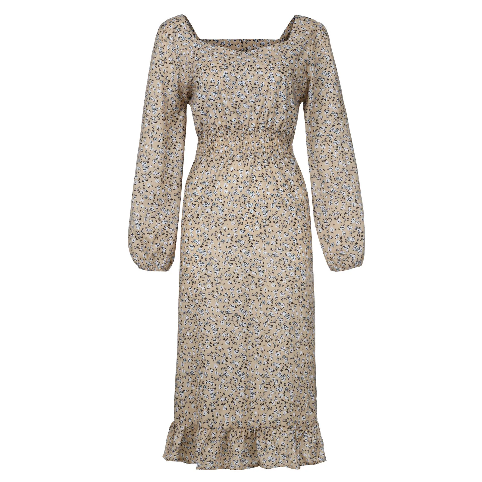 

2021 Autumn Womens Fashion Floral Dot Print Casual Chiffon Dress Women's Retro Stand Neck Dresses Bow Midi Long Sleeve Vestido