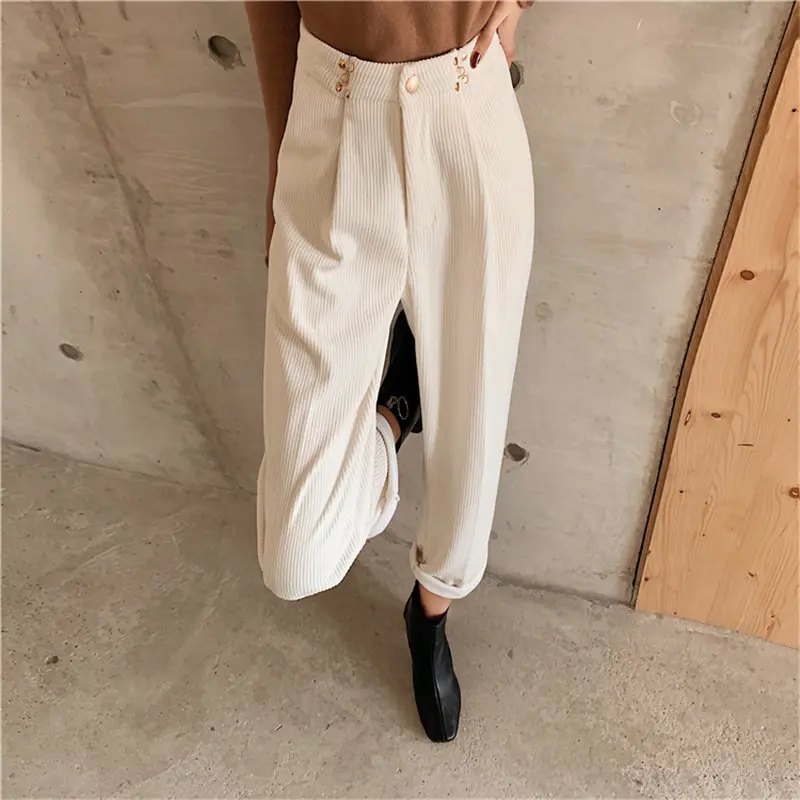 

Alien Kitty 2021 New Corduroy Loose Office Lady Korean Brief Straight Gentle High Waist Casual Slim Solid Chic All Match Pants
