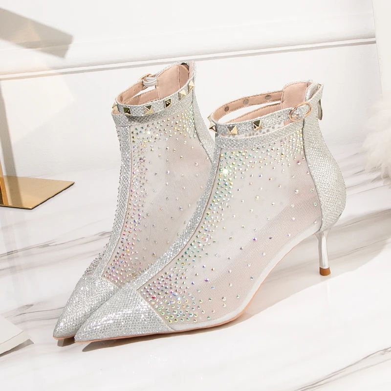Модные дизайнерские свадебные ботильоны с заклепками и сеткой для девочек