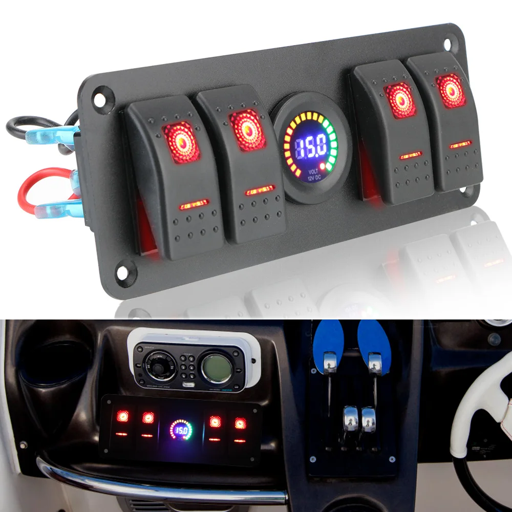 

12/24V 4 Gang Switch Panel For Car Marine Caravan RV Waterproof ON-OFF Double Light Rocker Buttons Circuit Breaker LED Voltmeter