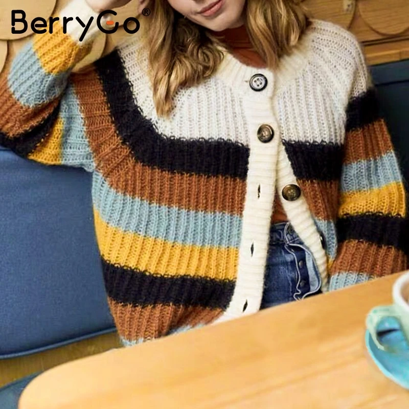 BerryGo корейский Кардиган на пуговицах свитер для женщин модный полосатый вязаный