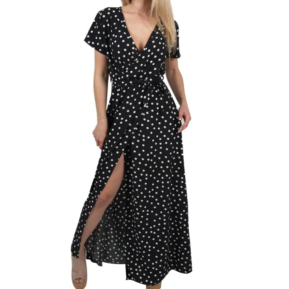 

80% Hot Sales 2021!!! Bohemian Women Sexy High Split Polka Dot Deep V Short Sleeve Slim Fits Maxi Dress