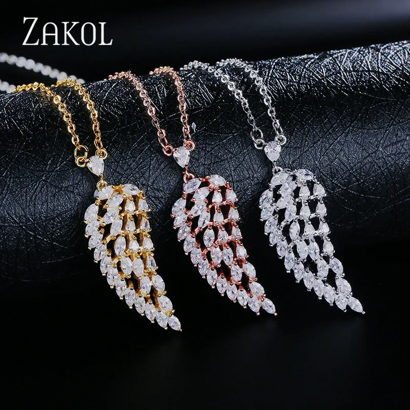 ZAKOL Новое поступление Мода Листья кубическая Подвеска из циркония Ожерелья для женщин Девушка Крылья ангела любви Рождественский подарок ювелирные изделия FSNP2020